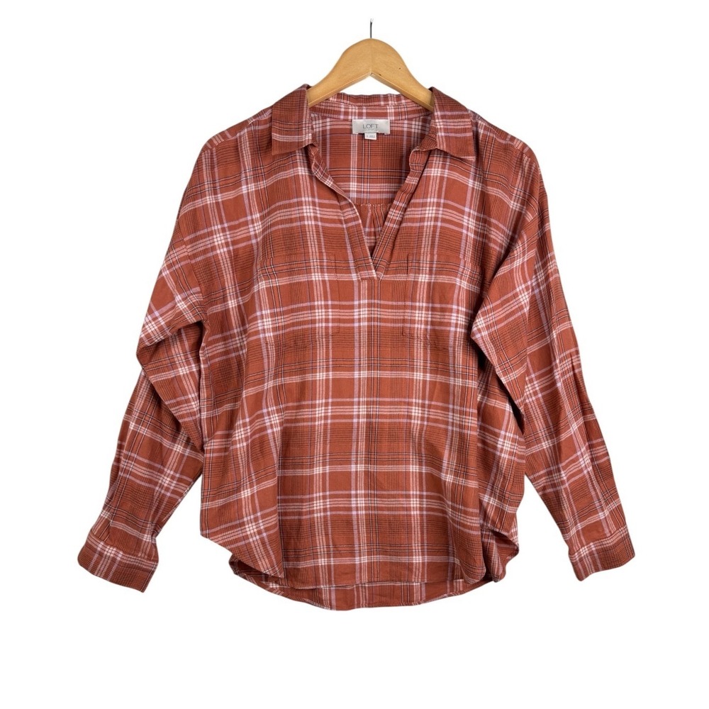 LOFT Outlet Womens Orange Plaid Long Sleeve Top Size Small